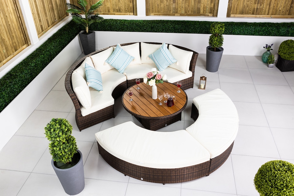 image 1 of 2-in-1 Round Rattan Garden Sofa with Daybed + Height Adjustable Table | Brown | Brown