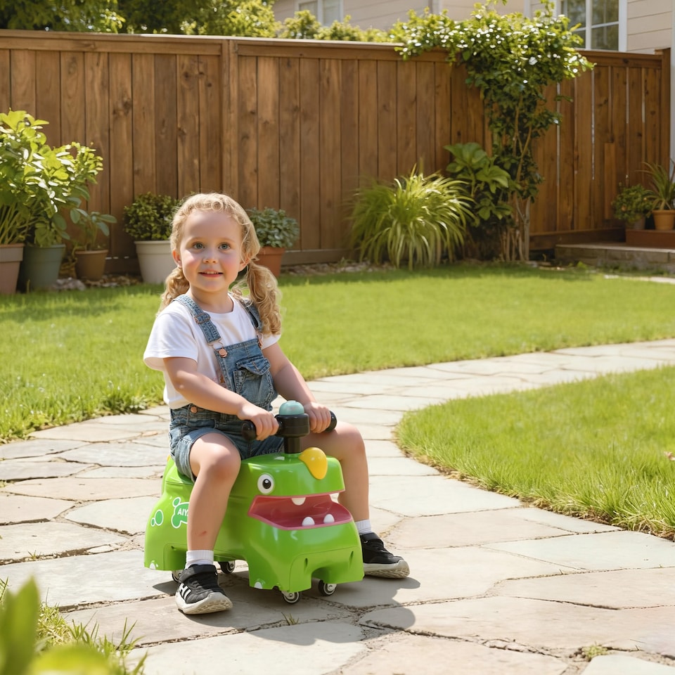 image 1 of AIYAPLAY Kids Ride On Car, Dinosaur Shape Toddler Walker, Green