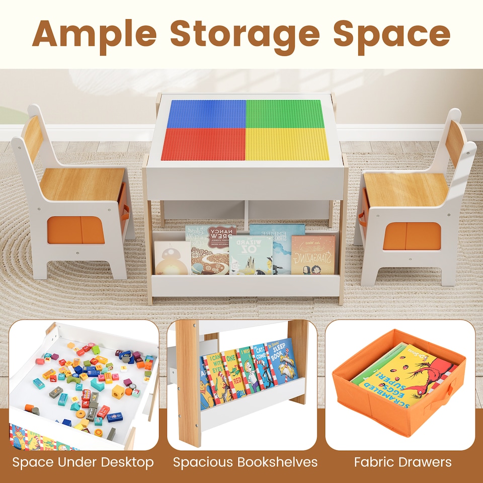 image 1 of COSTWAY Kids Table and 2 Chairs Set Multifunctional Natural