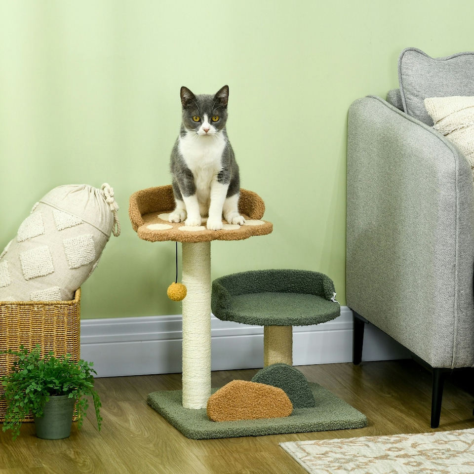 image 1 of PawHut Small Cat Tree with Scratching Posts 2 Beds Toy Ball Indoor, Multi