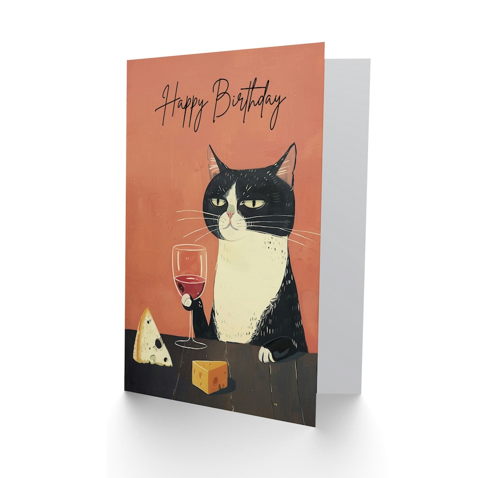image 1 of Sophisticated Tuxedo Cat Wino Cheese Lover Fun Birthday Card