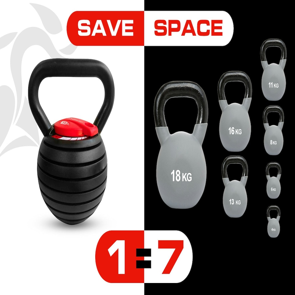 image 1 of Strongology 7-in-1 Adjustable Smart Kettlebell up to 18kg Black with Red Dial Home Fitness Gym Equipment