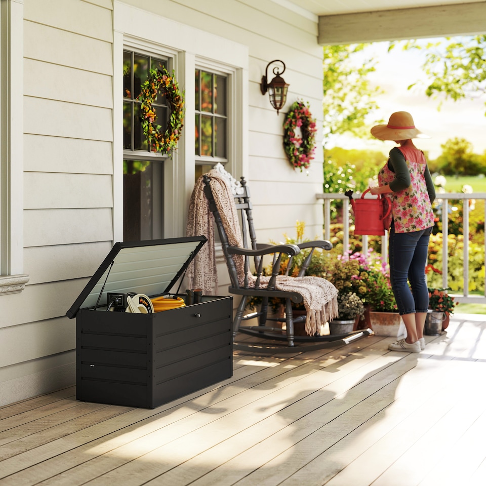 image 1 of Outsunny 311L Garden Storage Box, Outdoor Storage Box Waterproof with Lockable Lid and Gas Rods, Galvanised Steel Deck Box Container for Tools, Cushions, Accessories, Dark Grey
