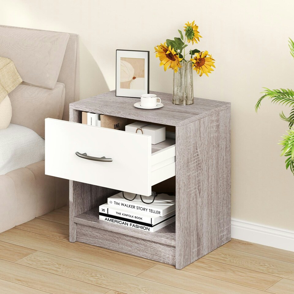 image 1 of COSTWAY Bedroom Nightstand 3-Tier Table w/Drawer Light Grey Grey