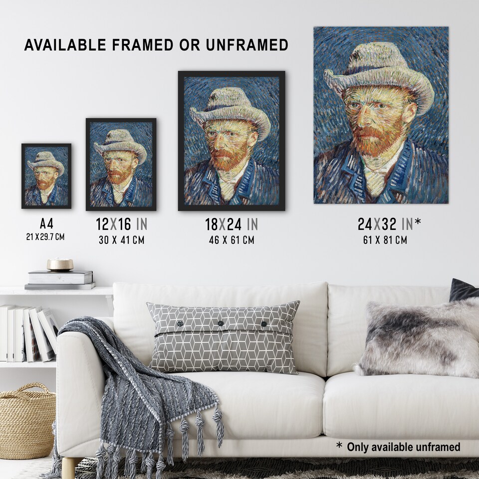 image 1 of Self Portrait Grey Felt Hat Van Gogh Vintage Huge Wall Art Print 18X24 In
