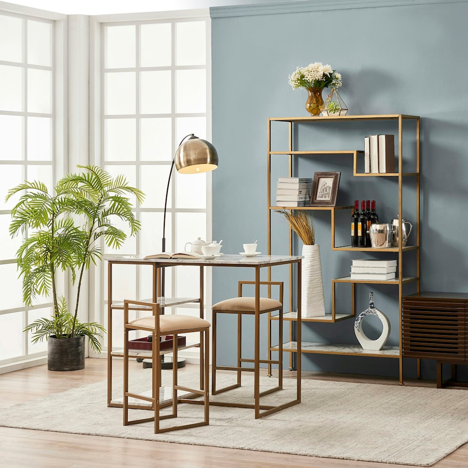 image 1 of Teamson Home Marmo Modern Marble-Look Breakfast Table Set with 2 Stools and Storage, Marble/Brass