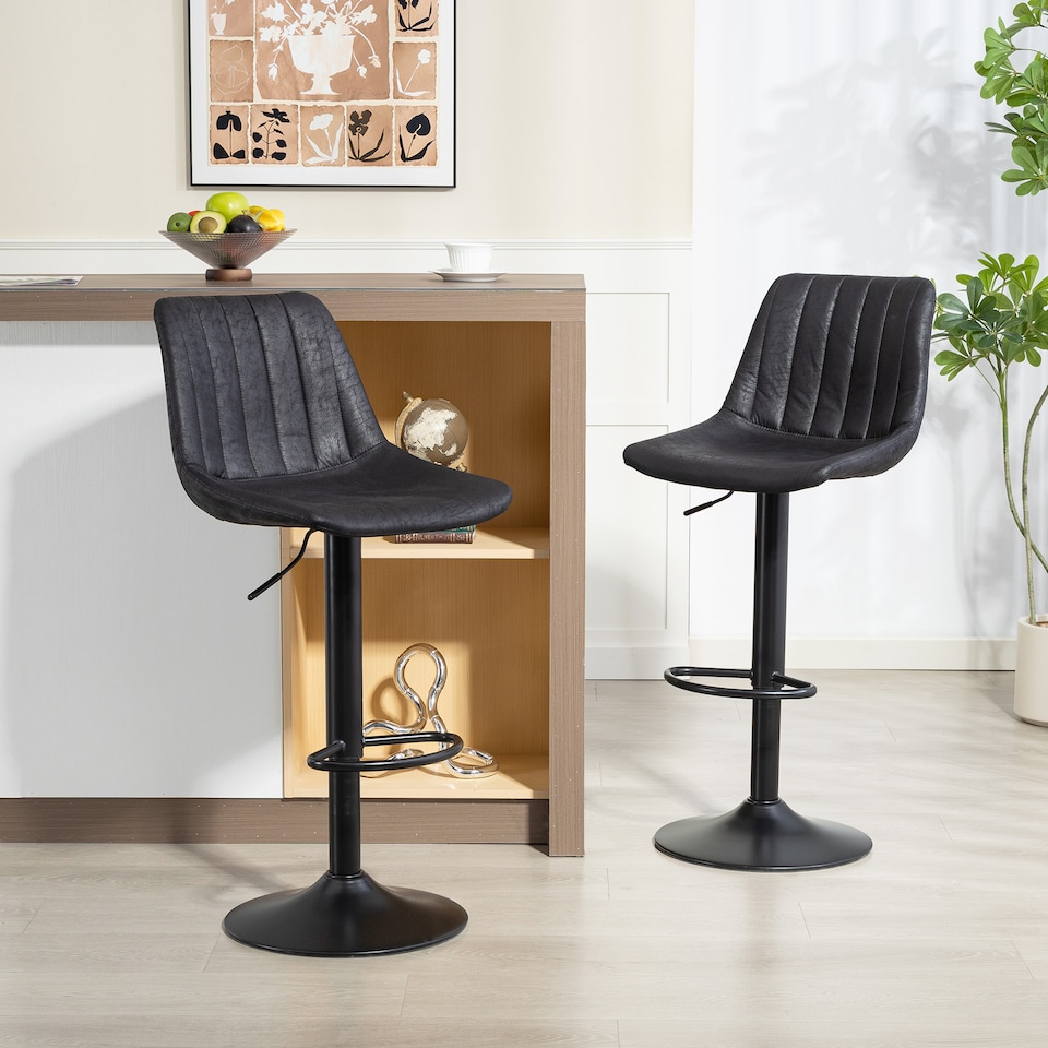 image 1 of HOMCOM Modern Bar Stools Set of 2, Height Adjustable Swivel Bar Chairs with Backrest, Gas Lift and Footrest, Leathaire Barstools for Breakfast Counter, Kitchen Island, Black | Black | Black