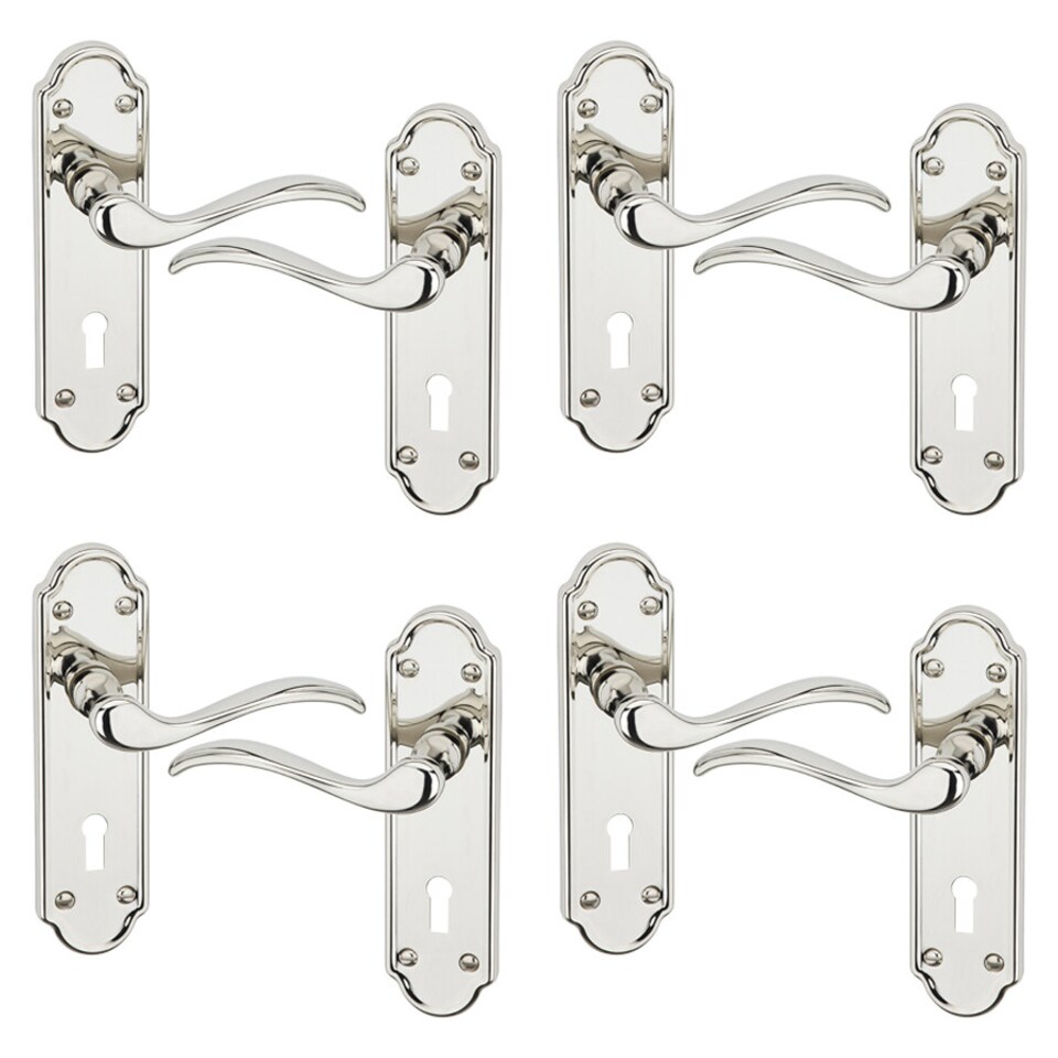 image 1 of Lisbon Metal Lever Latch Door Handles Set Rose Internal & External | Silver | Polished Nickel Keyhole | Set of 4