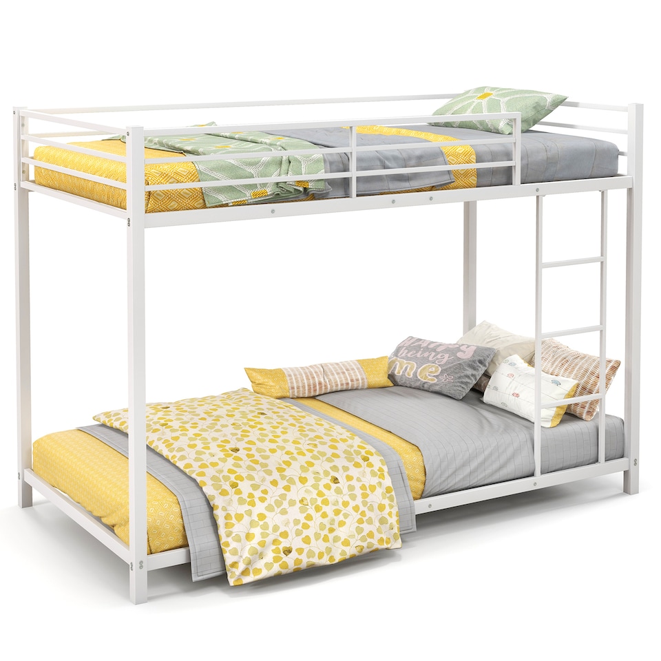 image 1 of COSTWAY Metal Bunk Bed Low Profile Single Over Single Bunk Beds Ladder White