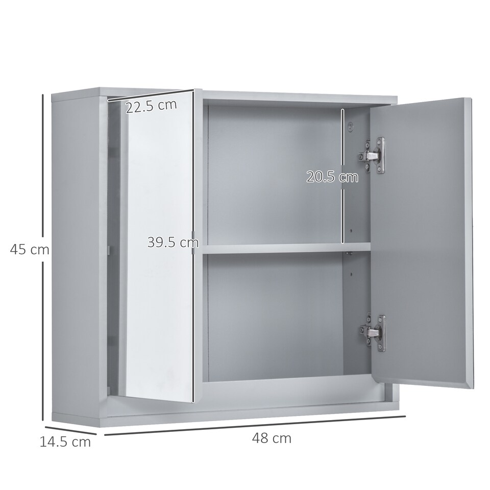 image 1 of HOMCOM Wall Mounted Mirror Cabinet with Storage Shelf Bathroom Cupboard Double Door Grey