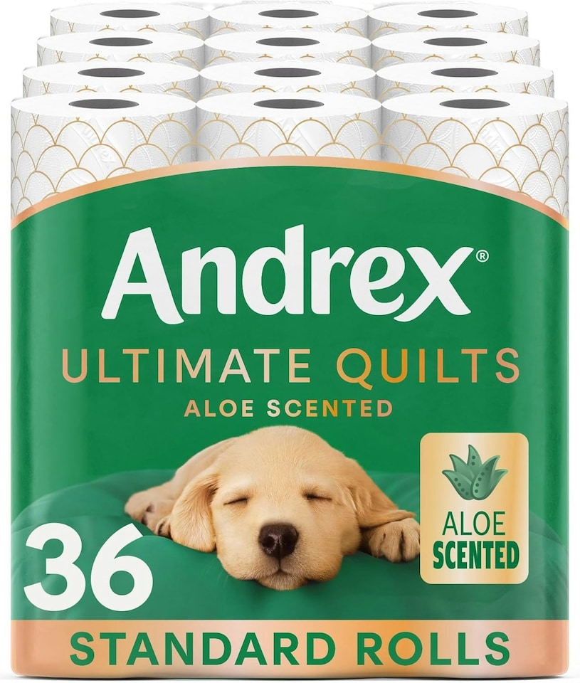 image 1 of Andrex Ultimate Quilts Toilet Tissue 36 Rolls with Aloe Vera Fragrance, Air Pocket Technology for Soft, Thick Sheets - Bulk Pack of 36 Quilted Toilet Rolls