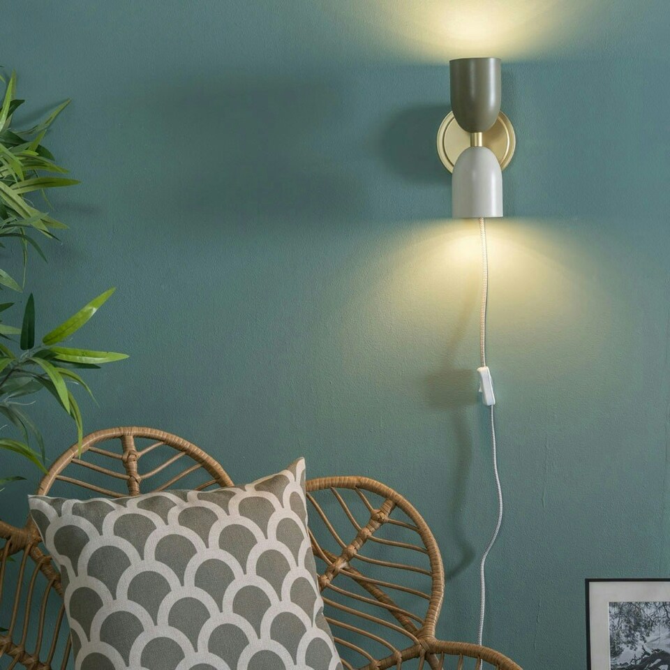 image 1 of ValueLights Tate Pair of - Plug in Gold Up & Down Easy Fit Wall Lights with Khaki / Cream Shades - Bulbs included