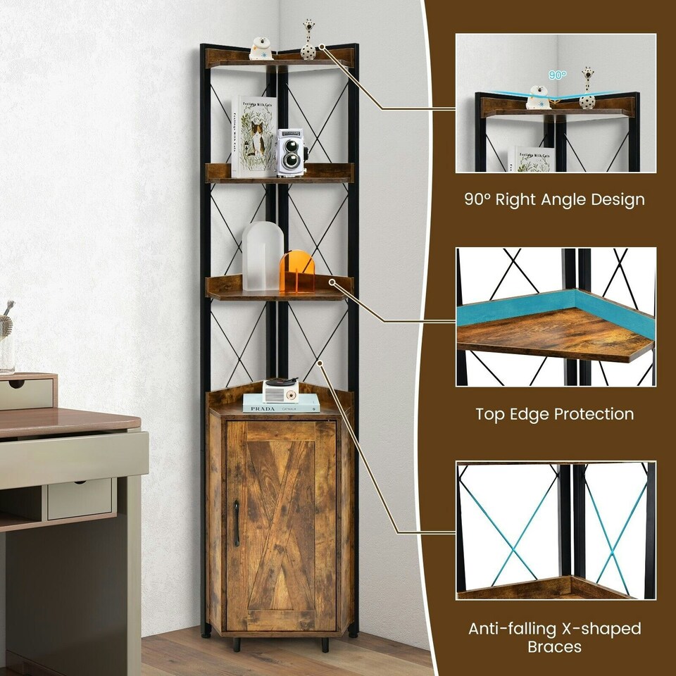 image 1 of COSTWAY 6-Tier Corner Bookcase Adjustable Shelf Brown Brown
