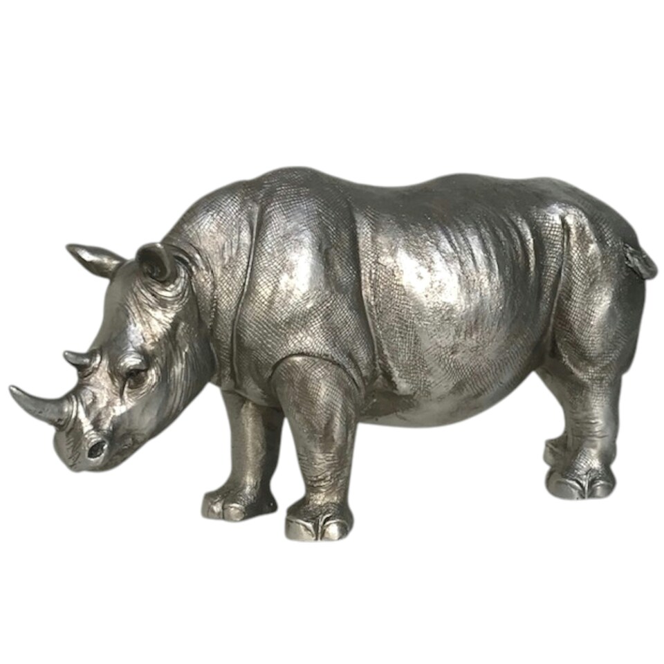 image 1 of 26cm Rhino ornament, heavy antique silver effect, great safari animal-lover gift