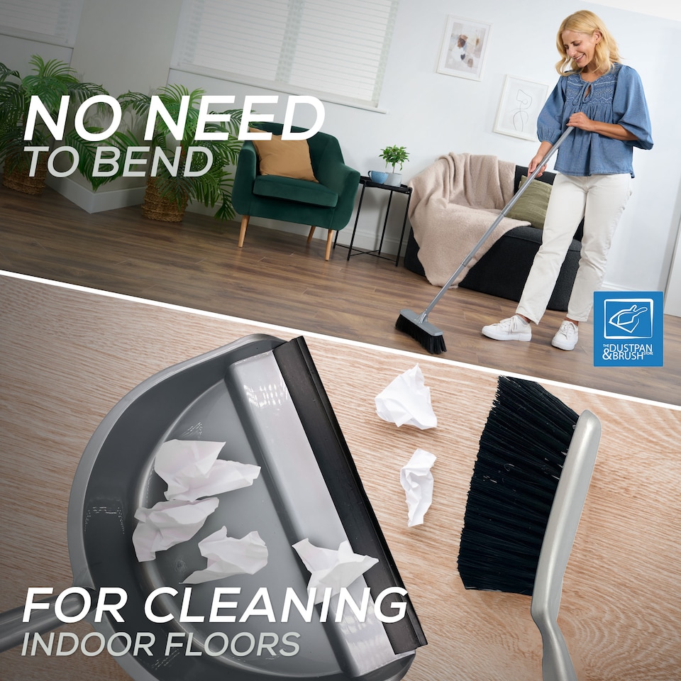 image 1 of Indoor Soft Sweeping Broom and Dustpan Set Long Handle Floor Brush for Wood and Tile