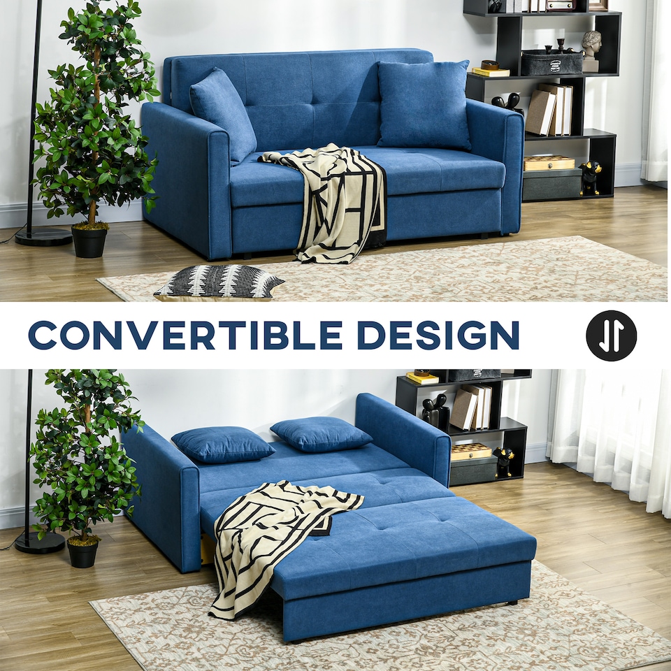 image 1 of HOMCOM 2 Seater Sofa Bed with Hidden Storage, Pull Out Convertible Bed Settee, Modern Snow Flannel Loveseat Sofa Sleeper with 2 Cushions for Living Room, Guest Room, Deep Blue