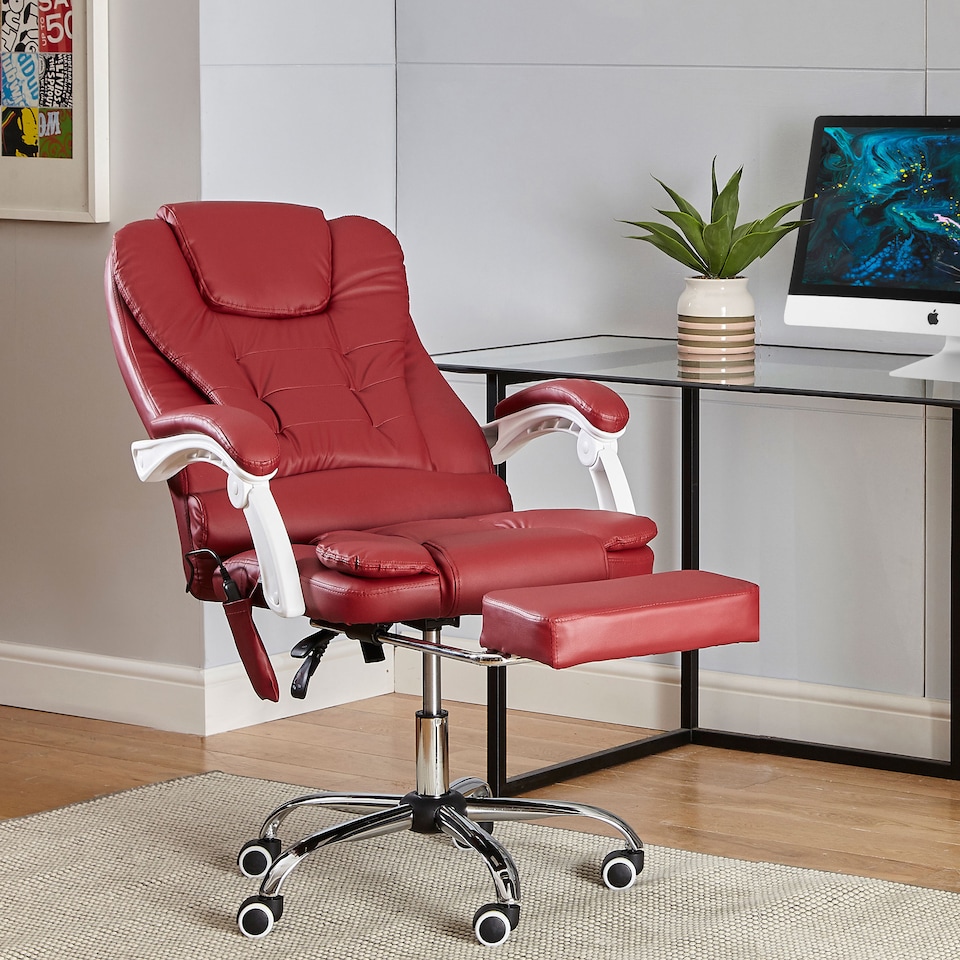 image 1 of Neo Office Chair Brown Faux Leather with Massage Function & Footrest | Red