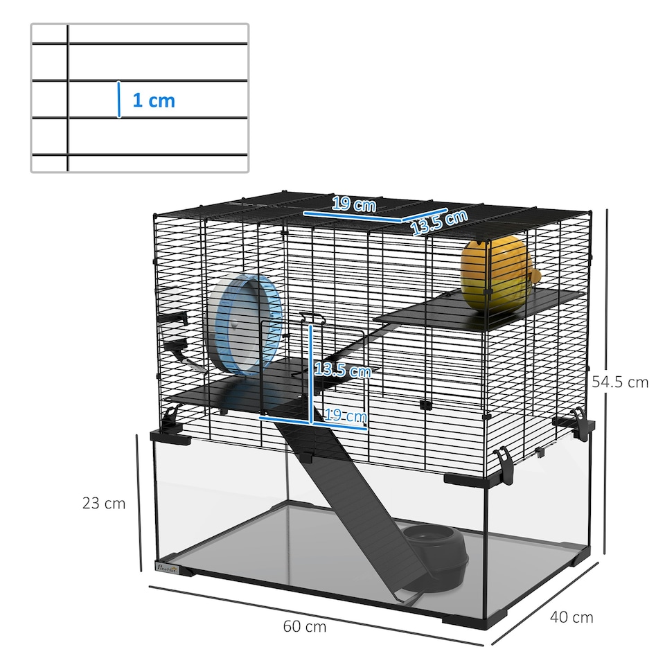 image 1 of PawHut 3 Tiers Hamster Cage w/ Deep Glass Bottom, Dish, Hut, 60 x 40 x 54.5cm