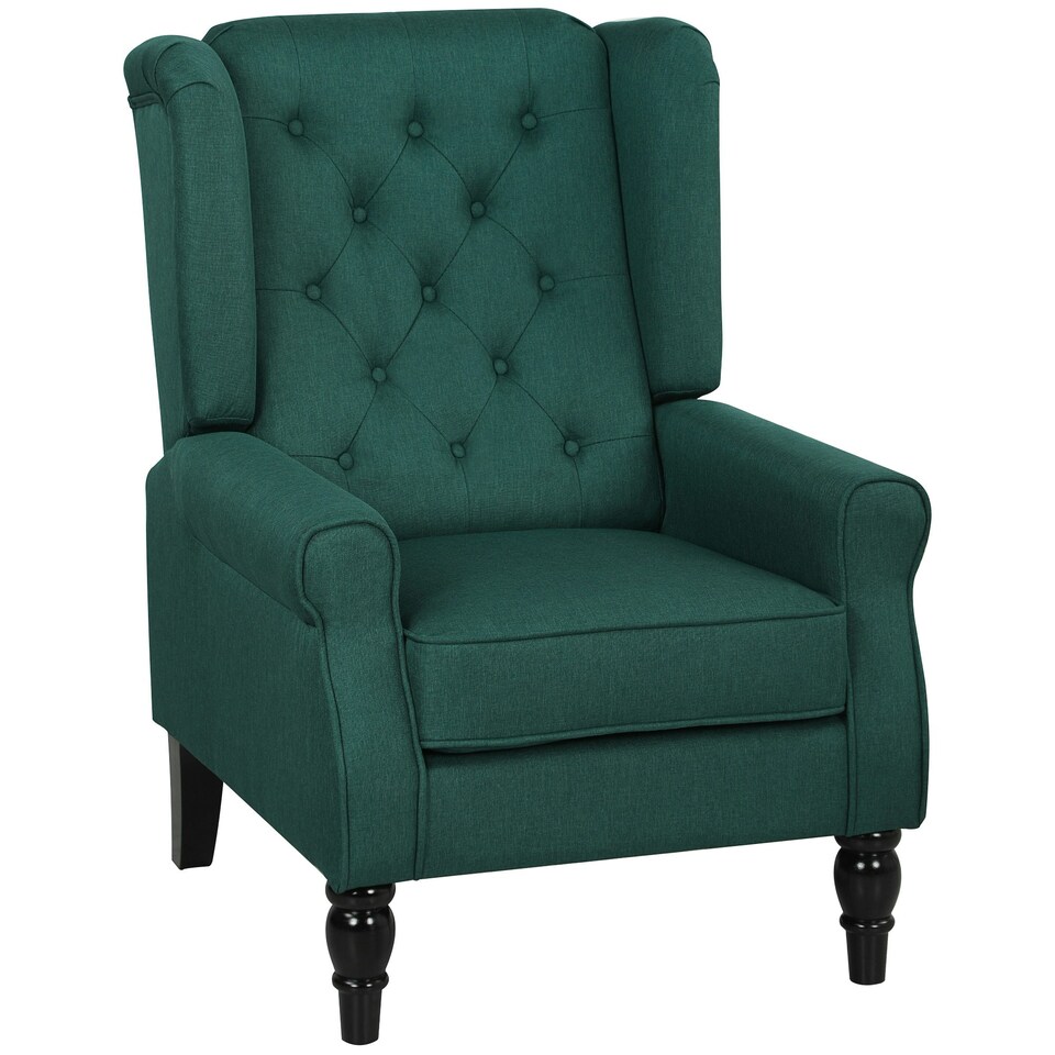 image 1 of HOMCOM Accent Chair Wingback Armchair Tufted Club Wood Fabric, Dark Green | Green | Dark Green | One Size
