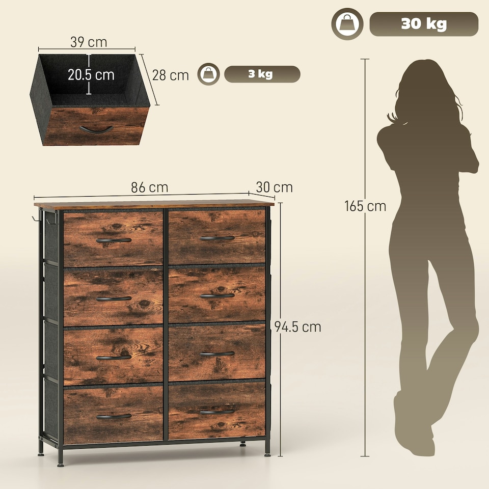 image 1 of HOMCOM Fabric Chest of Drawers, 8 Drawer Dresser for Bedroom, Rustic Brown Brown | Black