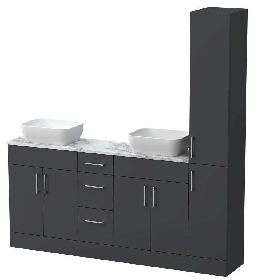 image 1 of Balterley Wichnor Floor Standing 4 Door 3 Drawer Vanity Combination Unit with Tall Unit, Laminate Worktop and Countertop Vessel, 1800mm, Dark Grey