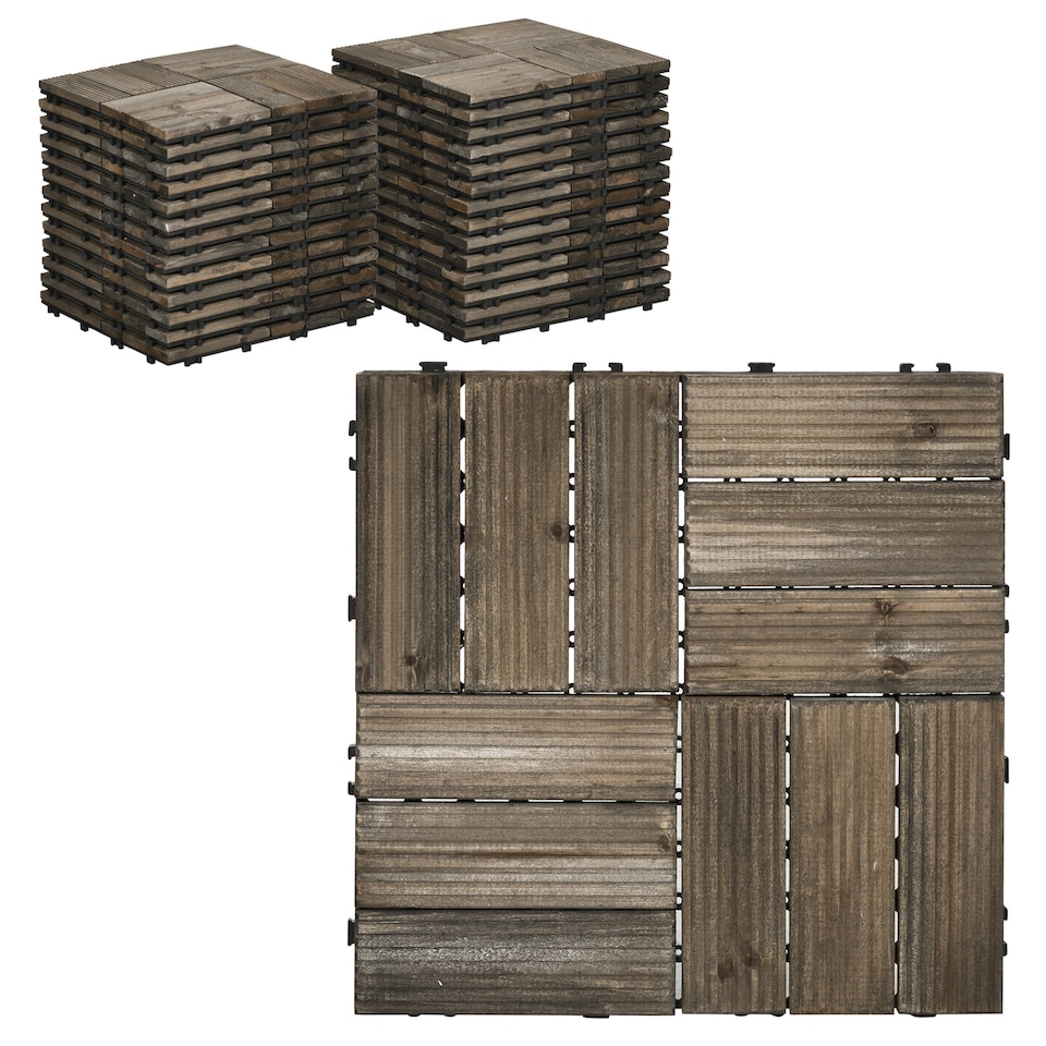 image 1 of Outsunny 27 Pcs Wooden Decking Tiles, 30x30cm Decking Boards, Brown
