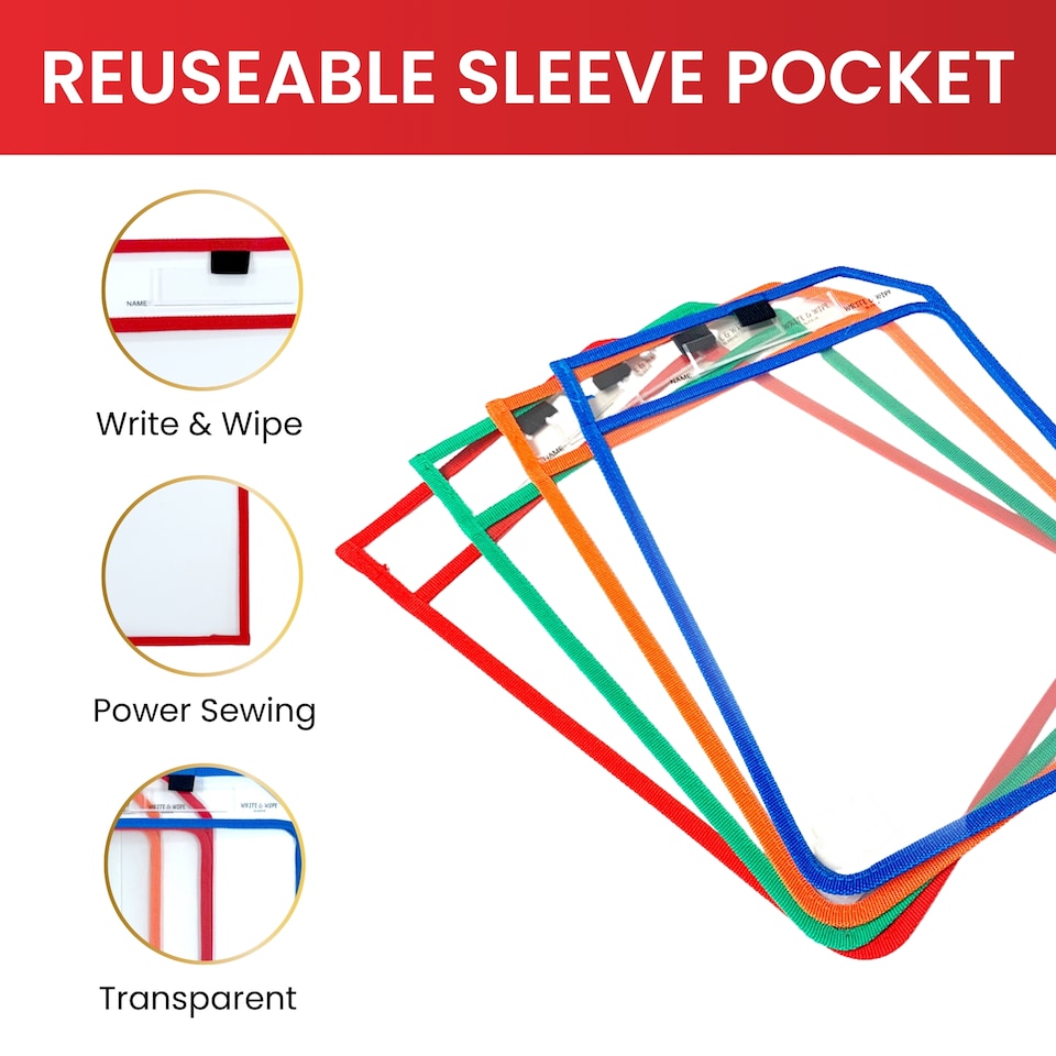 image 1 of Pack of 4 Assorted Coloured Edge Clear Dry Erase Write and Wipe Reusable Sleeve Pockets