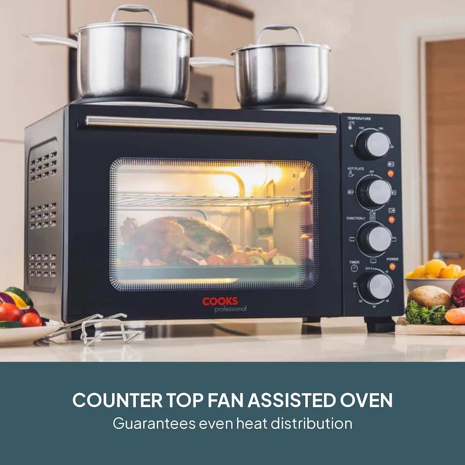 image 1 of Cooks Professional 28L Mini Oven with 2 Hobs - Electric Multifunction Countertop Cooker | Black | Black & Silver