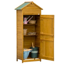 Outsunny Wooden Garden Storage Shed Utility Gardener Cabinet w 3 Shelves, Tiltedfelt Roof and Two Lockable Doors, 79cm x 49cm x 191.5cm, Natural wood effect