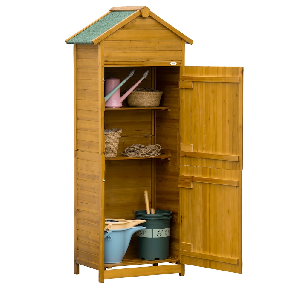 image 1 of Outsunny Wooden Garden Storage Shed Utility Gardener Cabinet w 3 Shelves, Tiltedfelt Roof and Two Lockable Doors, 79cm x 49cm x 191.5cm, Natural wood effect