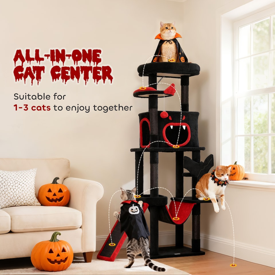 image 1 of PawHut 152cm Gothic Cat Tree for Halloween with Coffin Bed, Large Condo