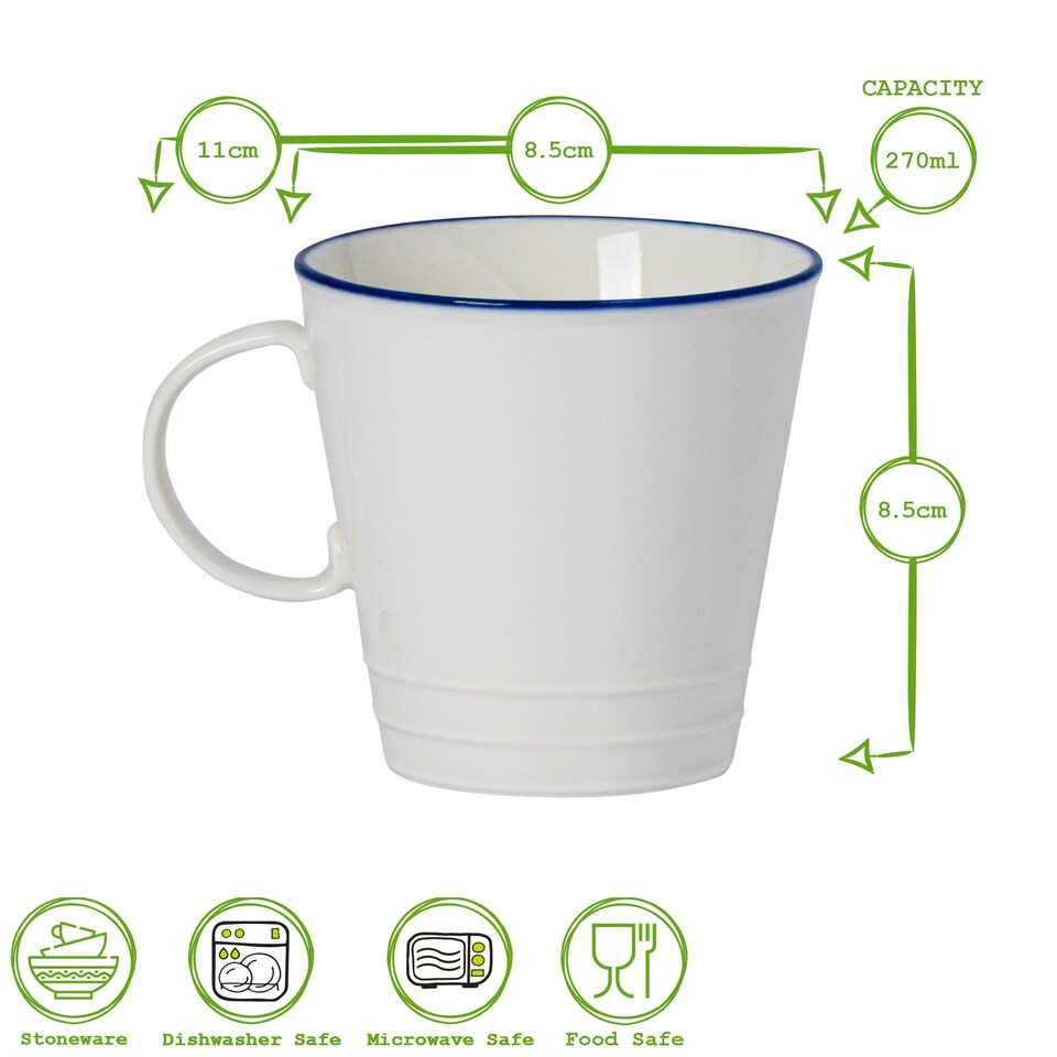 image 1 of Nicola Spring 270ml Farmhouse Teacups - Set of 6 Porcelain Tea Cups Rustic Cottage Drinkware with Rolled Rim & Comfort Handle | White | White/Blue Rim | 11 x 8.5 x 8.5 CM | 6