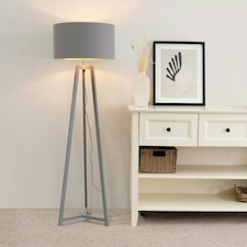 ValueLights Lottie Grey Wood Tripod Floor Lamp with Grey and Copper Drum Shade