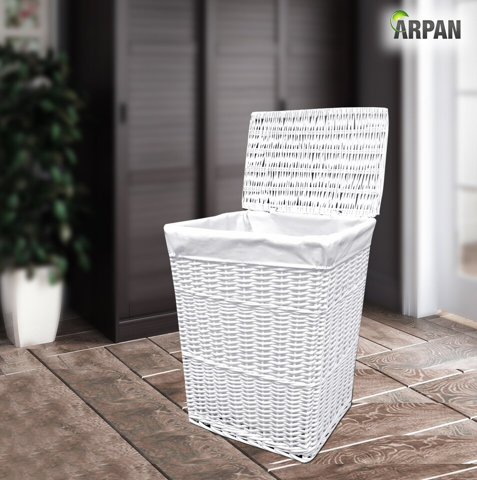 image 1 of ARPAN White Wicker Laundry Basket with Lid & Removable Washable Liner, Natural Woven Clothes Washing Hamper, Laundry Storage Basket for Bedroom, Bathroom & Utility Room