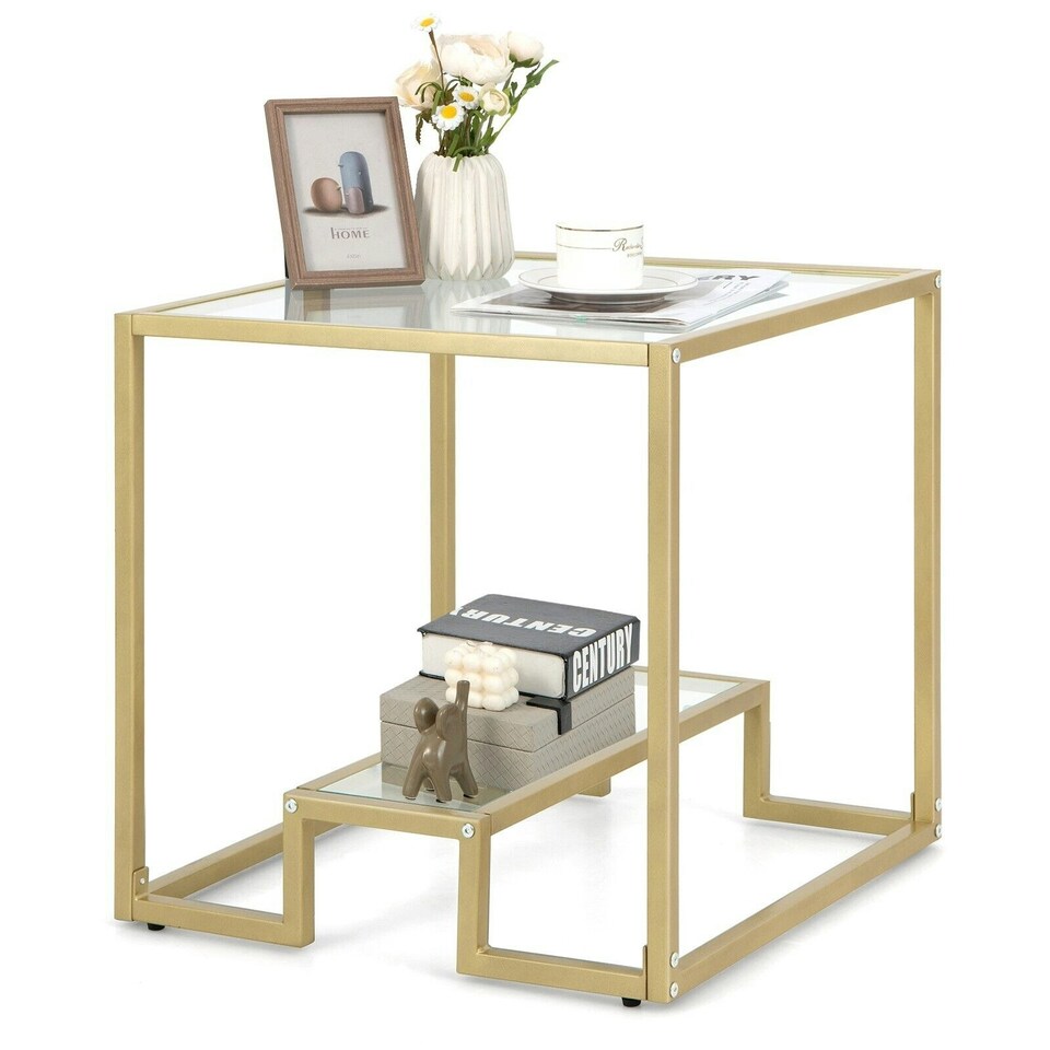 image 1 of COSTWAY 2-Tier Square Side Table Sofa End Snack Table Gold