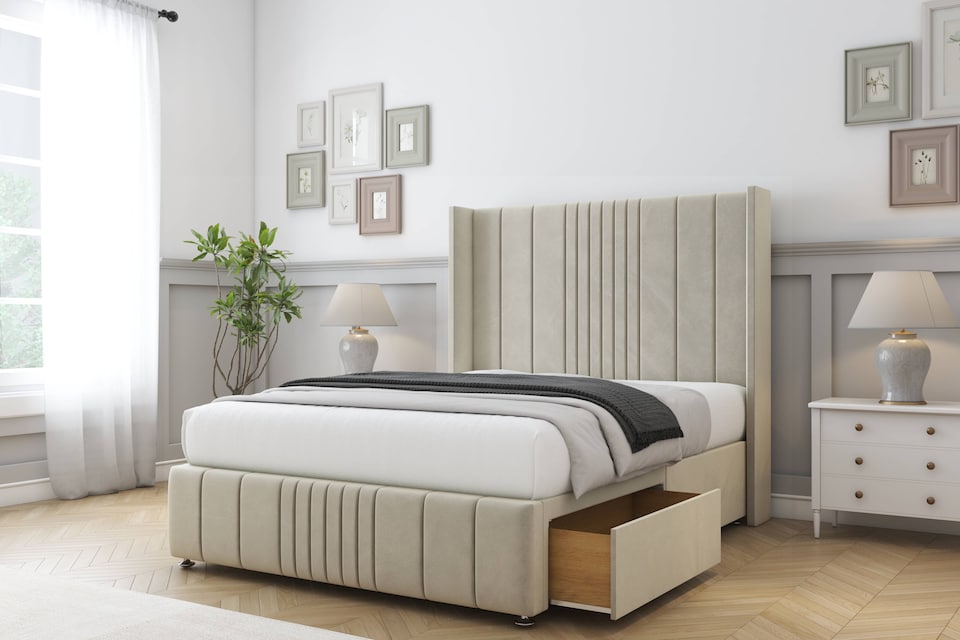 image 1 of Sloomy Hargrave Cream Plush Divan Bed Base No Drawers With 54 Inch Wingback Headboard & 12 Inch Matching Footboard | Cream | Cream | King | 1