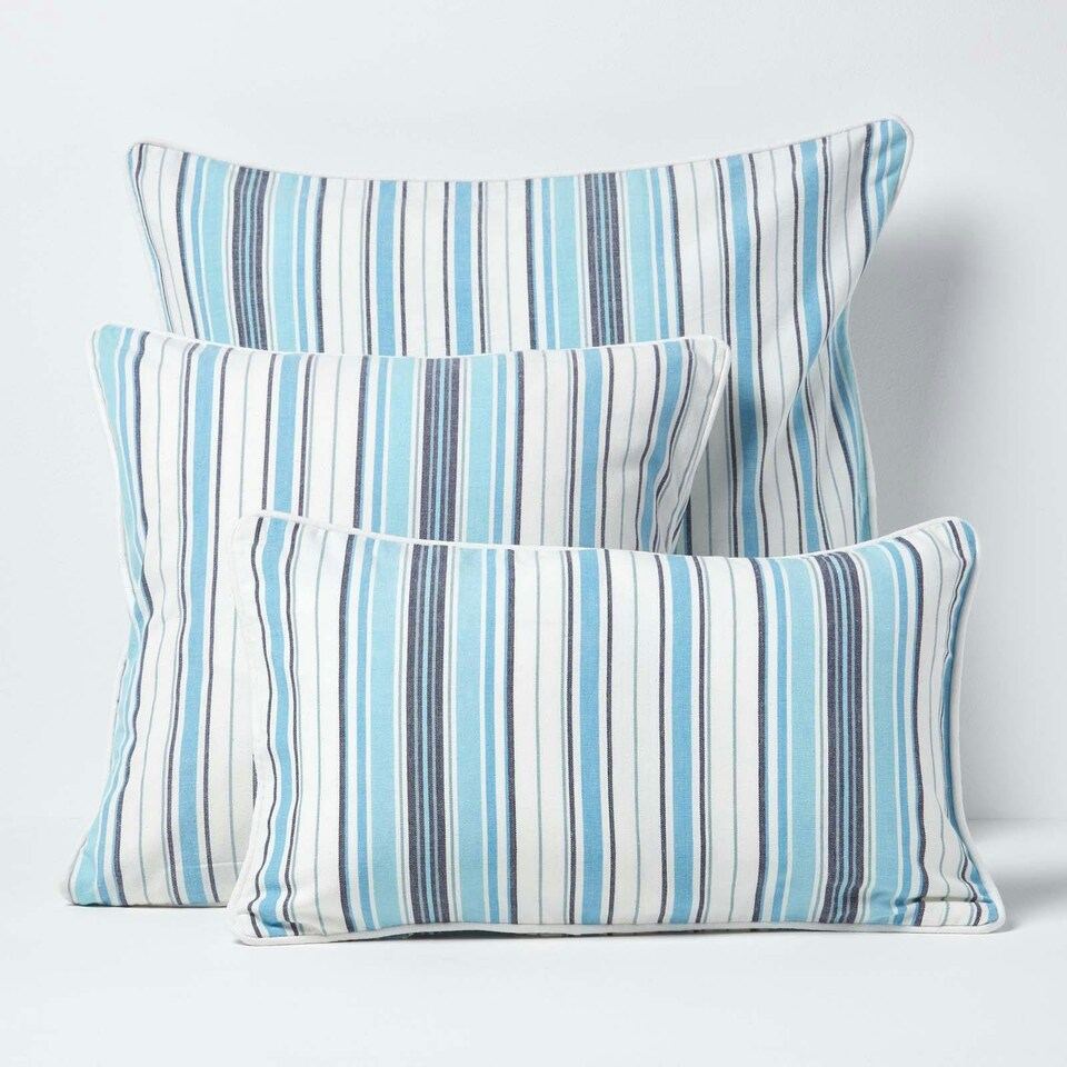 image 1 of Homescapes Cotton New England Stripe Cushion Cover - 60 x 60 cm | Blue | Blue | 60 x 60 cm