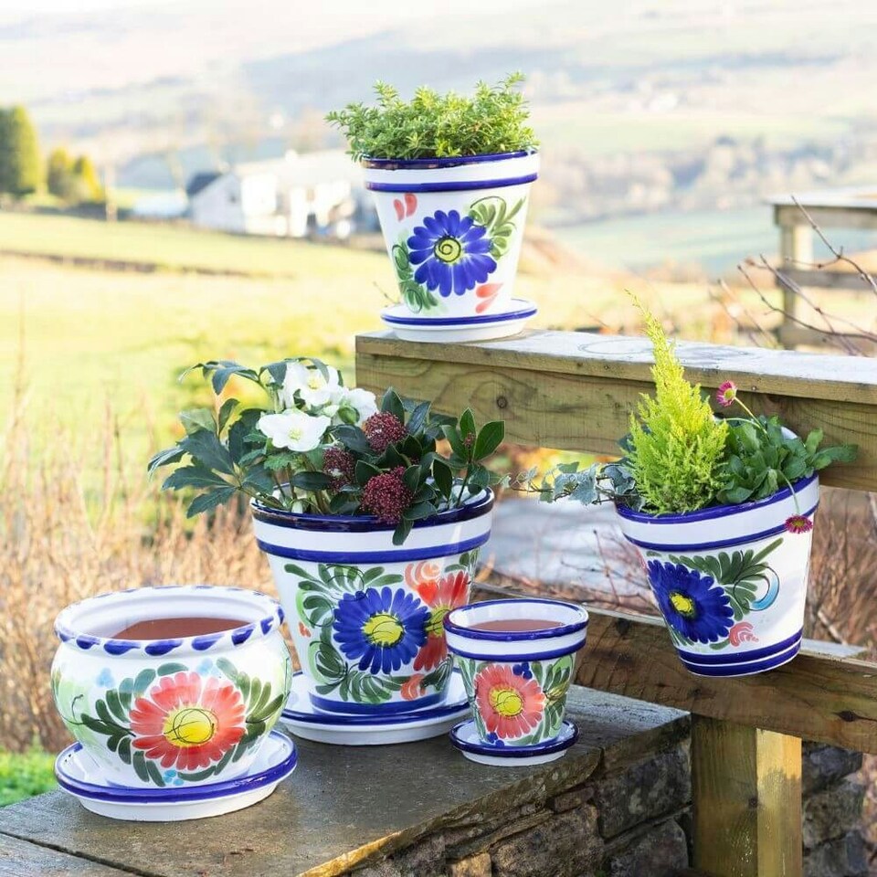 image 1 of Verano Spanish Ceramics Set of 2 Hanging Plant Pots - 22cm Floral Multi