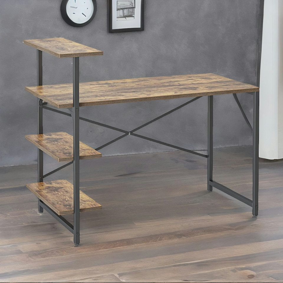 image 1 of Industrial 4 Tier Writing Desk With Steel Frame Brown