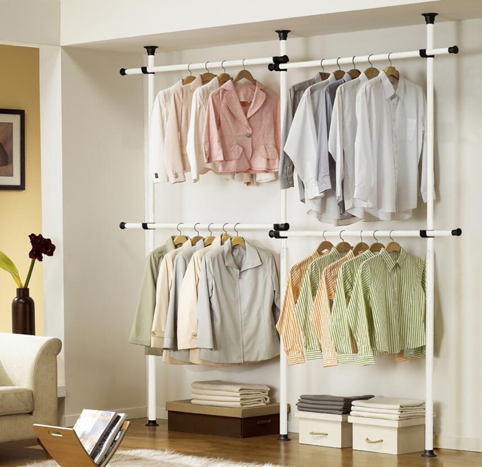 image 1 of House of Home Telescopic Double Rail Clothes Wardrobe Organise Hanging Rack Adjustable Storage | White | Not provided