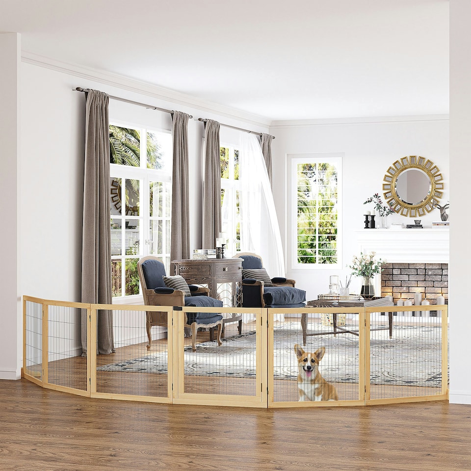 image 1 of PawHut Freestanding Pet Dog Gate, Six-Panel Foldable Wooden Playpen, 432cm
