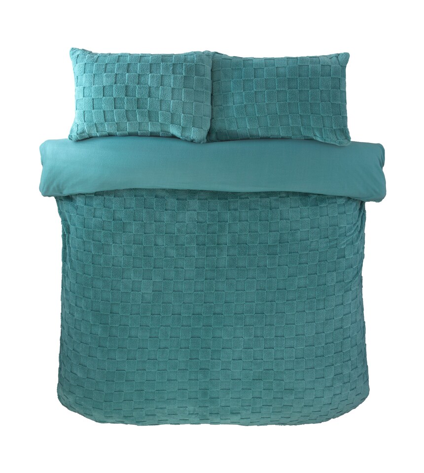 image 1 of Luxury Check Teddy Polyester Fleece Duvet Cover Set with Pillowcase | Blue | Double