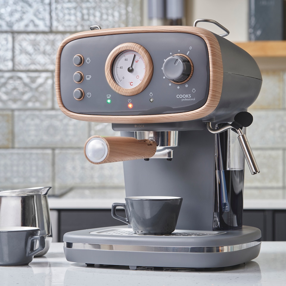 image 1 of Cooks Professional 15-Bar Retro Espresso Coffee Machine 1.2L with Frothing Steam Wand | Grey | Nordic Grey