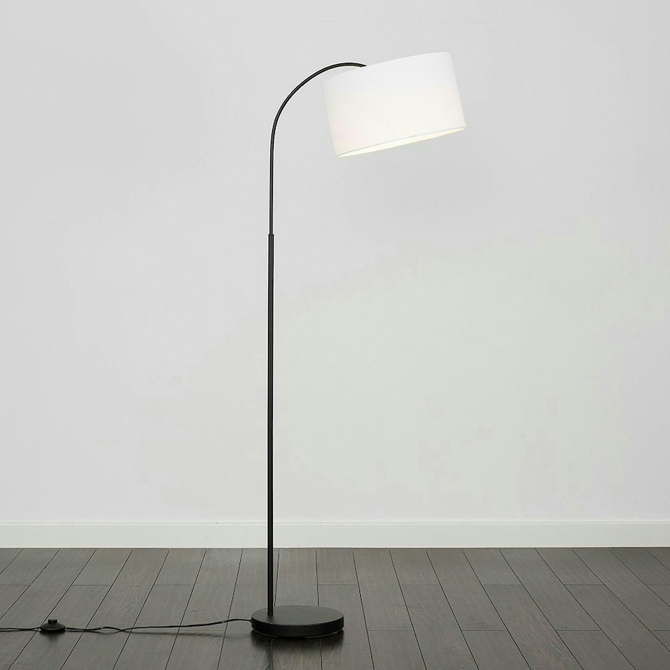 image 1 of ValueLights Curva Gloss Black Floor Lamp with Medium White Drum Shade and LED Bulb
