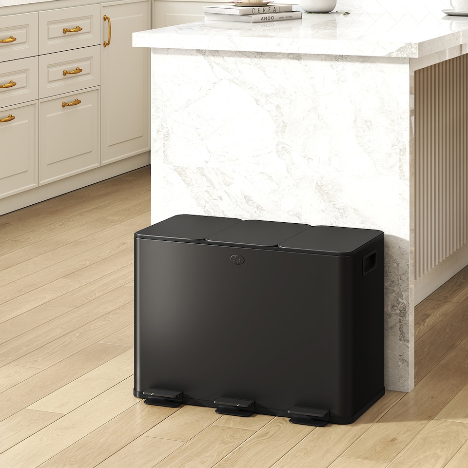 image 1 of HOMCOM Triple Kitchen Bin, 3 x 15L Pedal Bin, Stainless Steel Three Rubbish Bin with Removable Inner Buckets, Soft Close Lid, Fingerprint-Proof for Recycling and Waste, Black | Black | 1