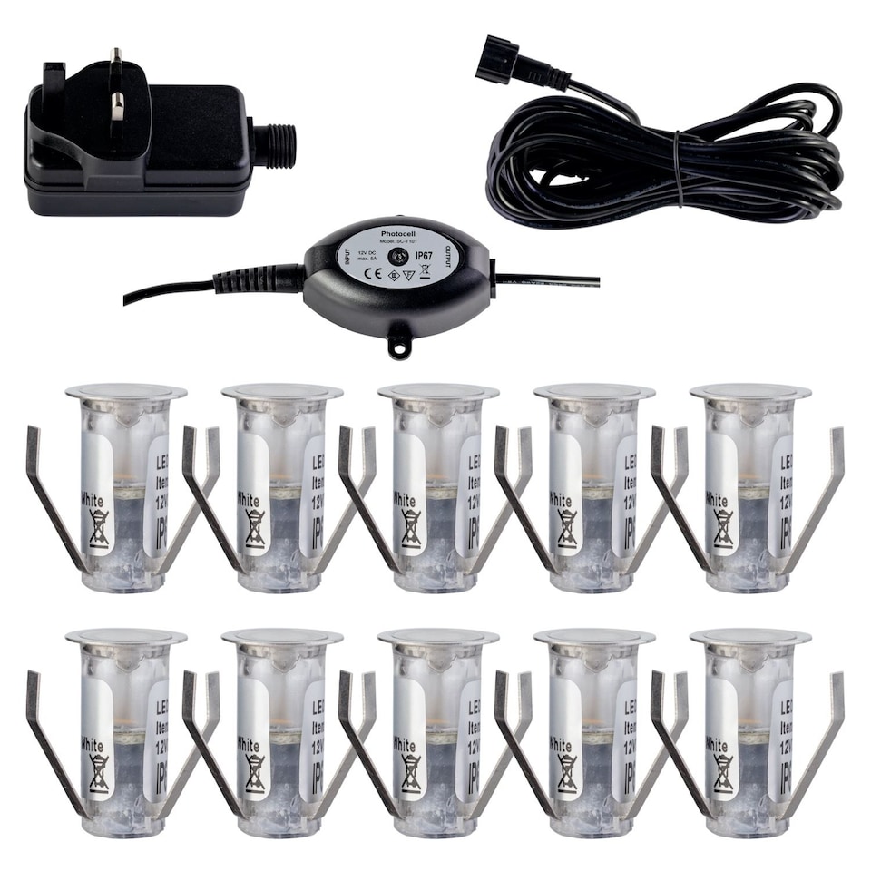 image 1 of Set of 10 - 15mm IP67 Cool White LED Decking Kit with Photocell | Chrome | Clear | 10