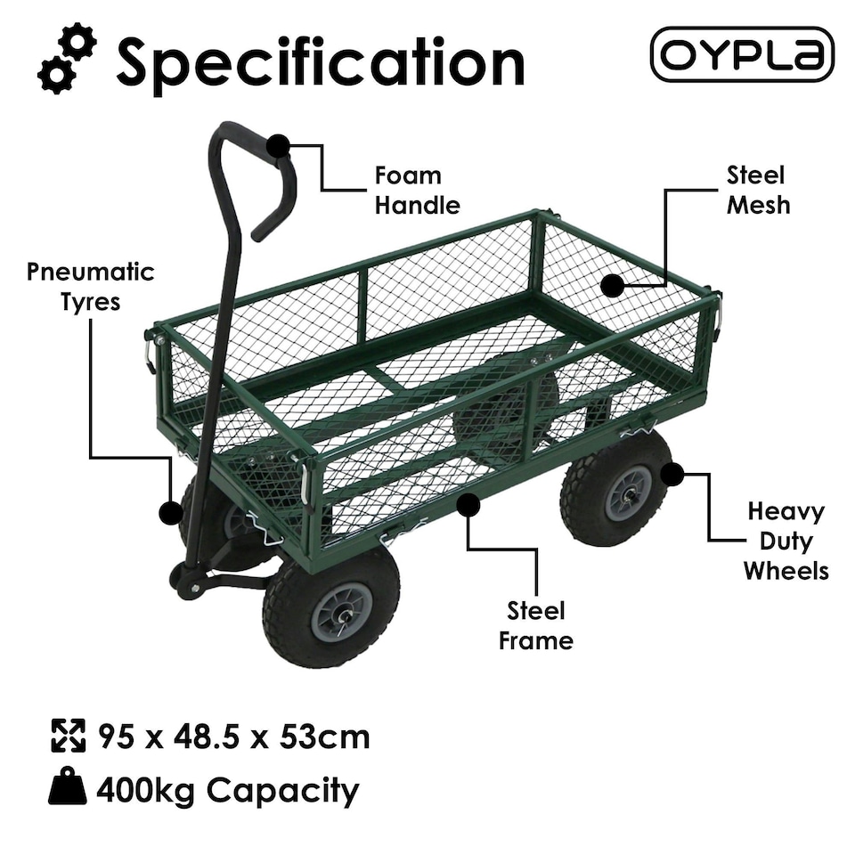 image 1 of Oypla Heavy Duty Metal Gardening Trolley - Green Trailer Cart