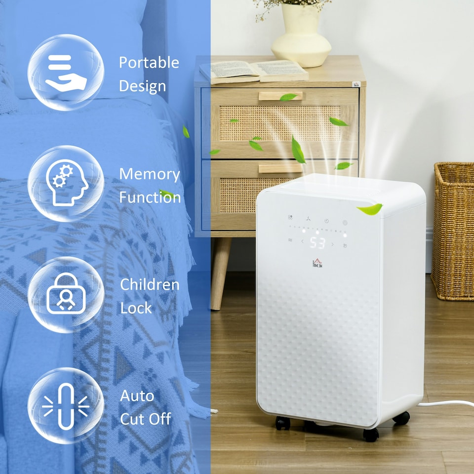 image 1 of HOMCOM 12L/Day Protable Quiet Air Dehumidifier with Purifier, Timer, 5 Modes