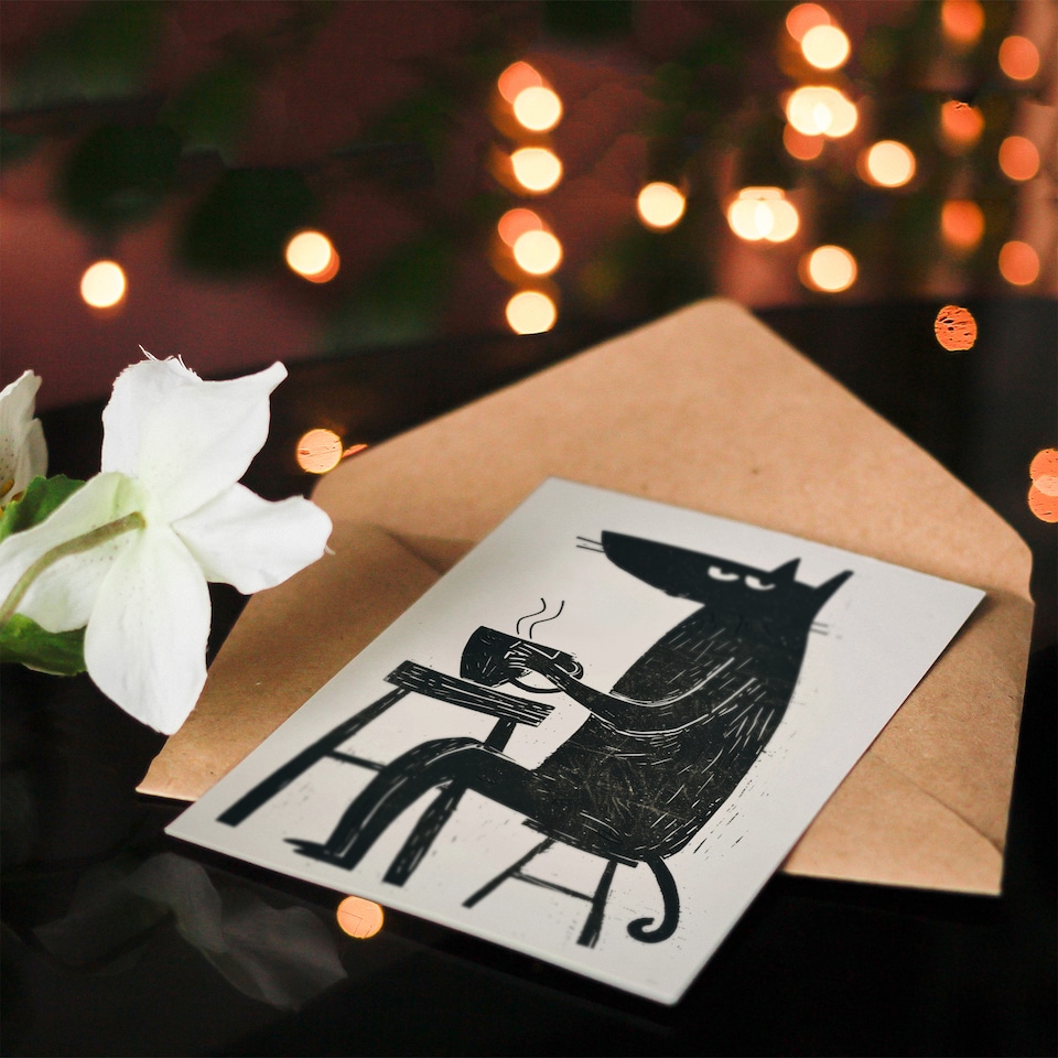 image 1 of Dog Lover Drinking Coffee Black Cartoon Birthday Card