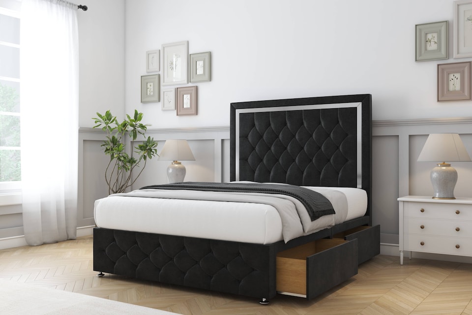 image 1 of Sloomy Sofia Chrome Black Plush Divan Bed Base 2 Drawers Right Side With 54 Inch Floor Standing Headboard & 12 Inch Matching Footboard | Black | Black | Super King | 1